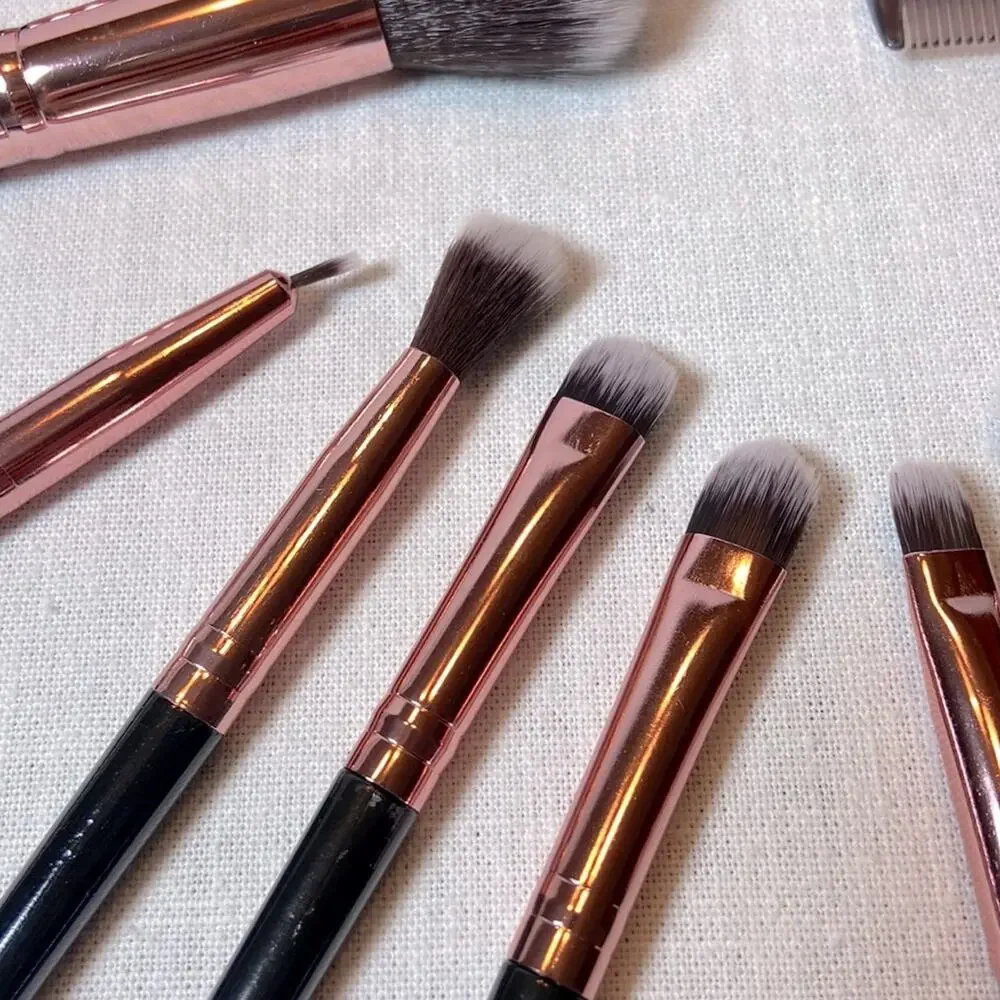 Makeup Brush Set 15 pc Brushes Black Handle Rose Gold Metal with Storage Bag